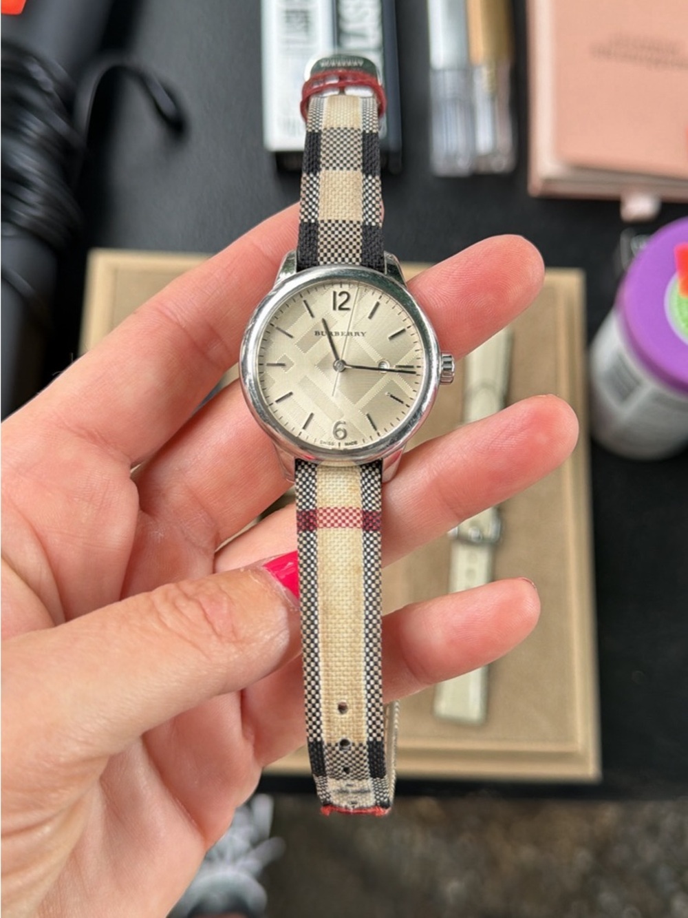 Burberry Beige Plaid Strap Women's Silver-Tone Dial Watch